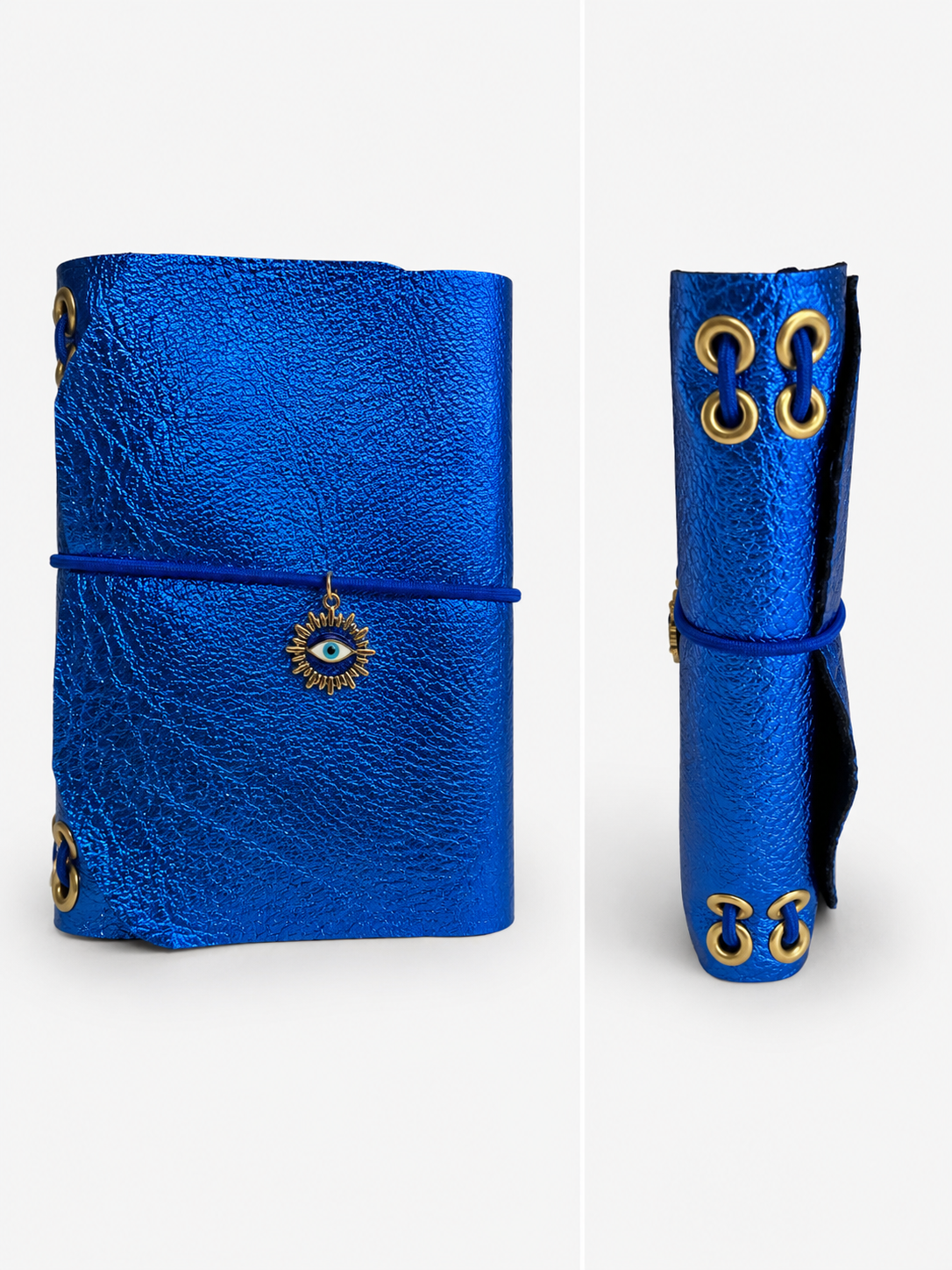 Mini Passport Journal – Royal Blue Metallic with Evil Eye