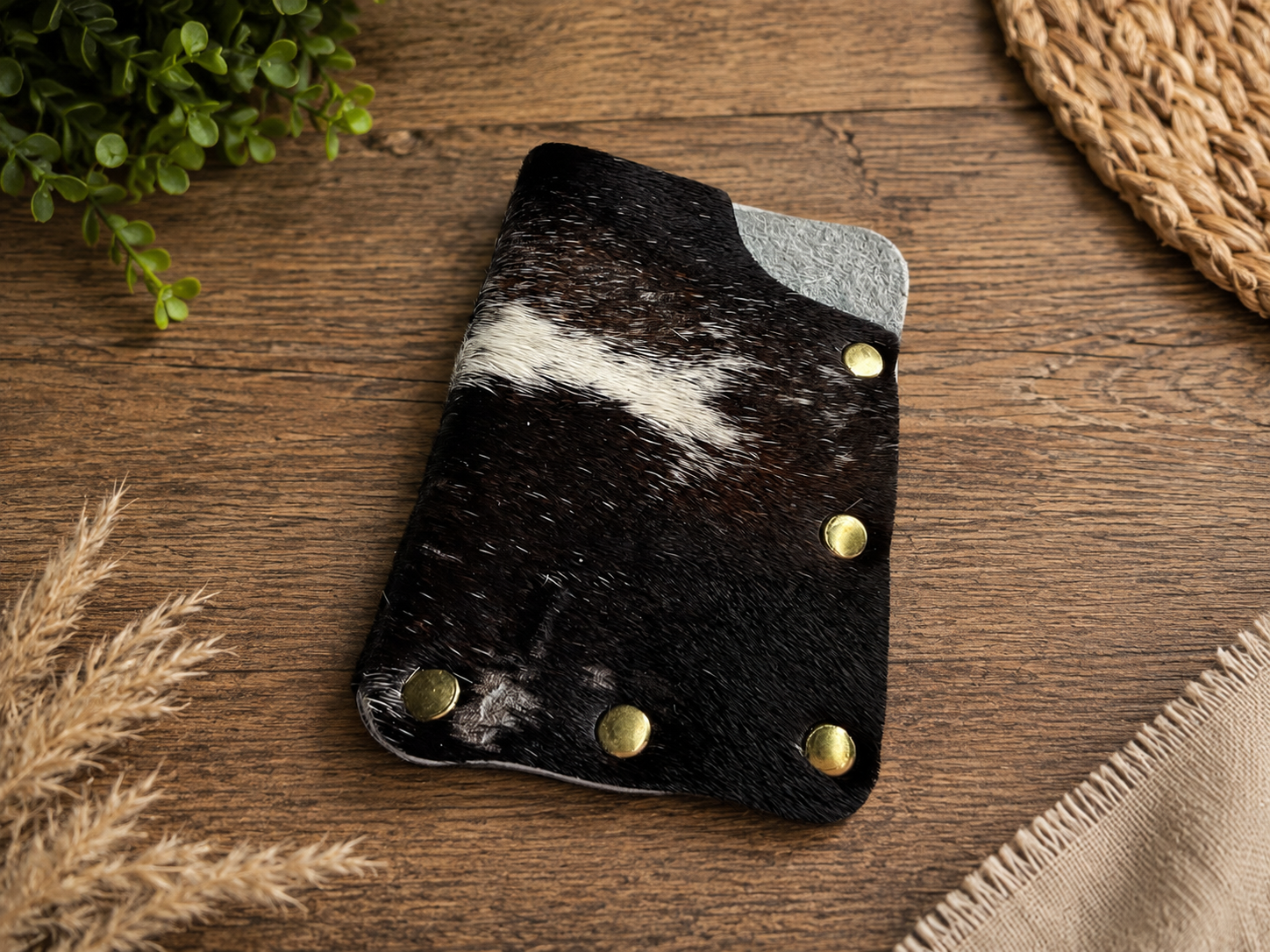 Minimalist Card Holder – Dark Brown & White Cowhide with Flat Snaps
