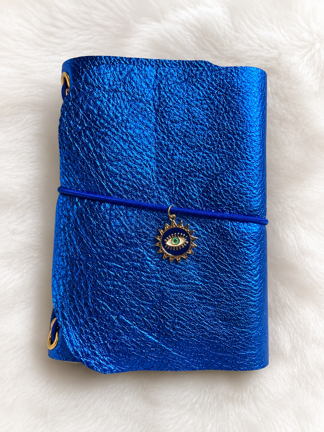 Mini Passport Journal – Royal Blue Metallic with Evil Eye