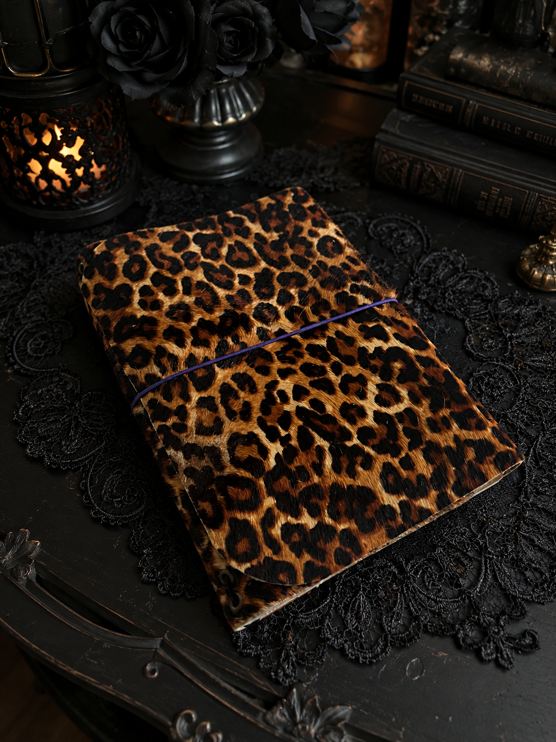 Leopard Print Leather Journal with Purple Cord