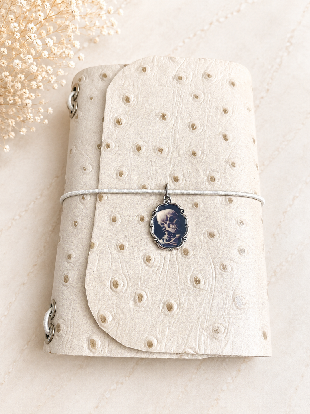 Mini Passport Journal – Cream Ostrich Print with Skeleton Design