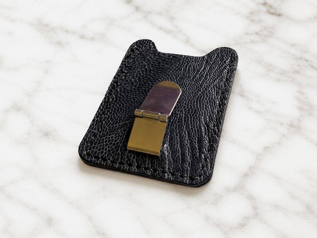 Grey Ostrich Leg Leather Card Case with Silver Money Clip