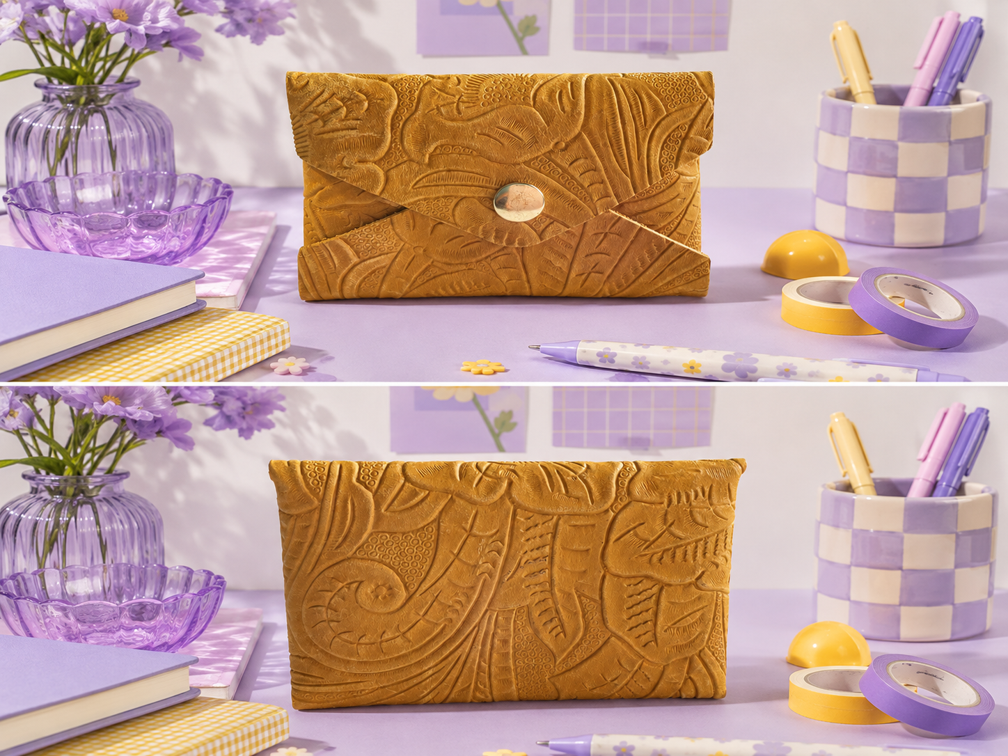 Golden Embossed Leather Envelope Card Holder