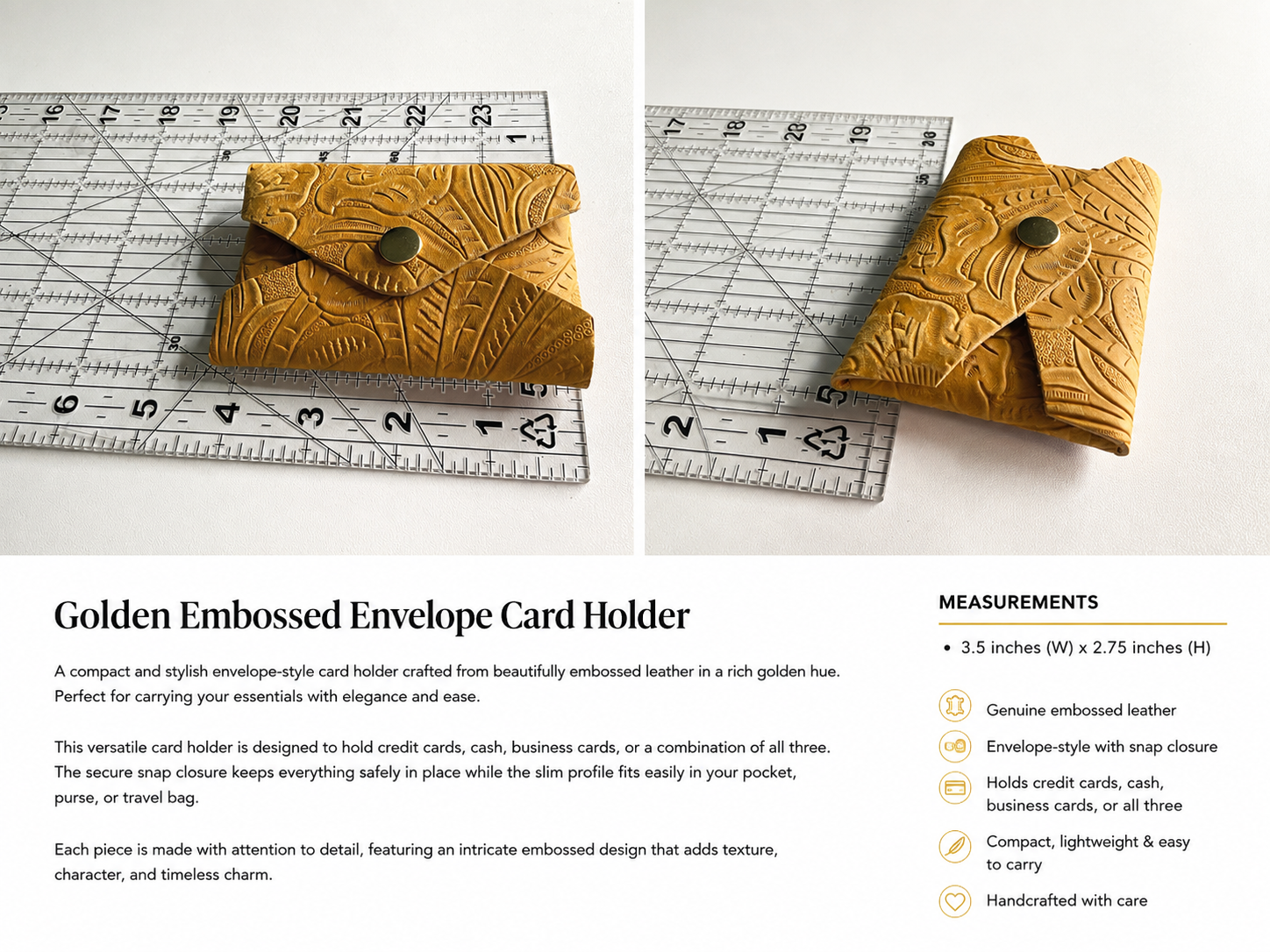 Golden Embossed Leather Envelope Card Holder