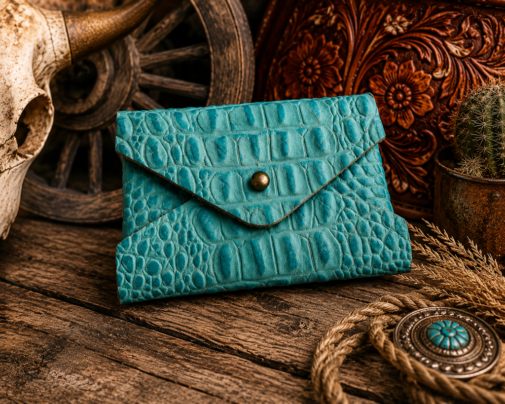 Envelope Card Holder – Turquoise Crocodile Print with Post Stud Closure