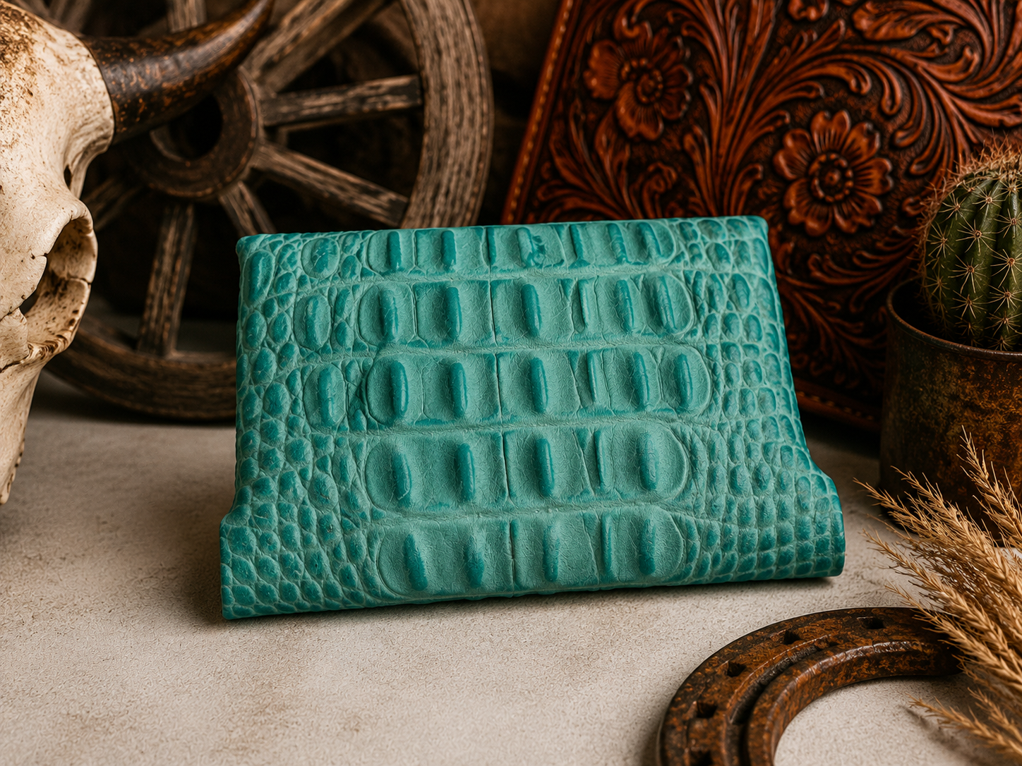 Envelope Card Holder – Turquoise Crocodile Print with Post Stud Closure