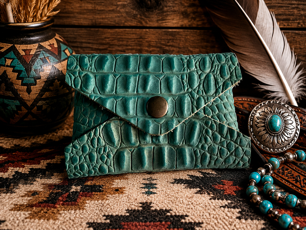 Envelope Card Case – Turquoise Crocodile Print with Snap Closure