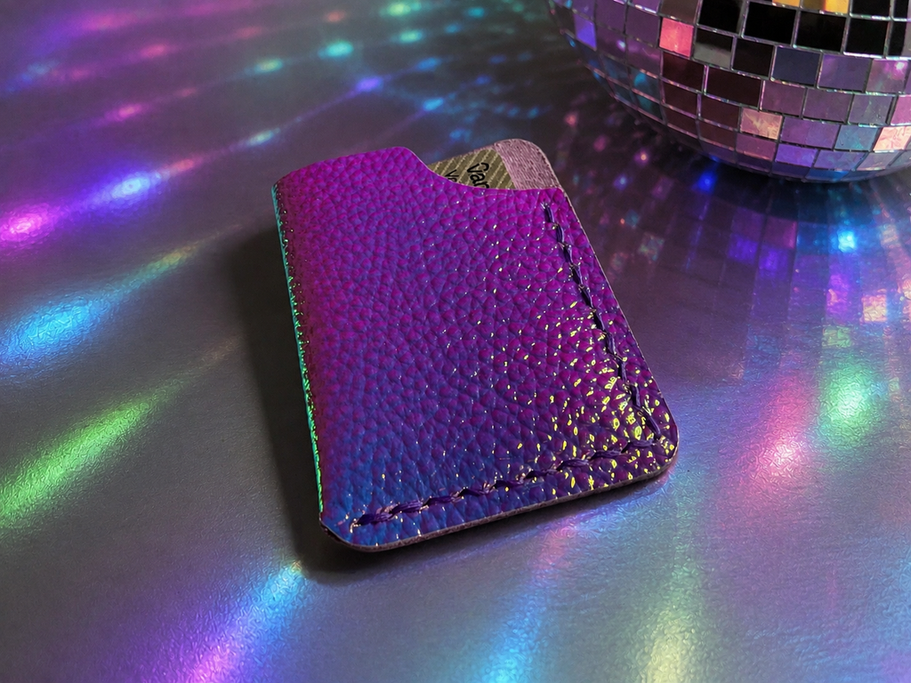 Minimalist Card Holder – Purple Iridescent with Purple Stitching
