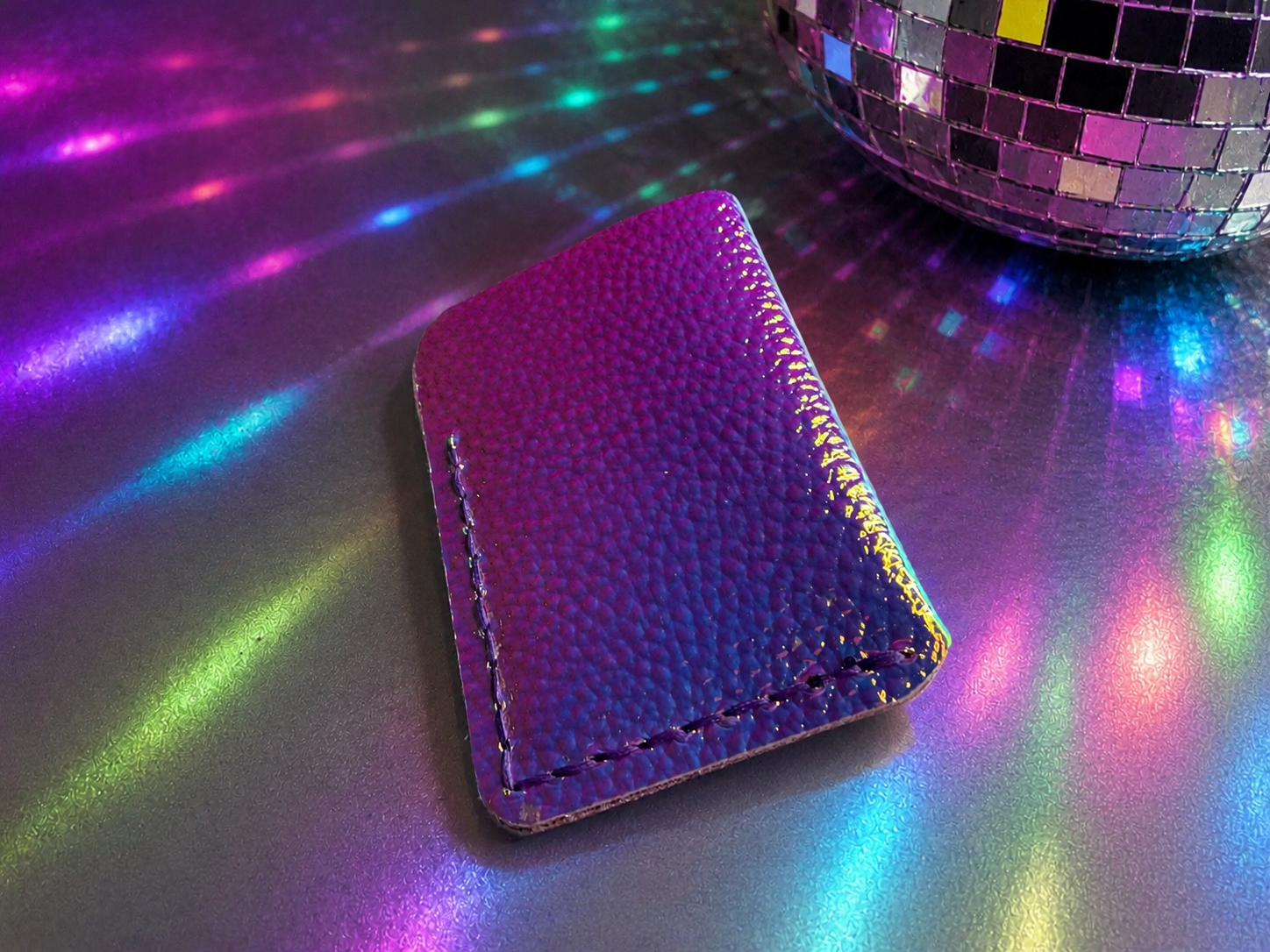 Minimalist Card Holder – Purple Iridescent with Purple Stitching