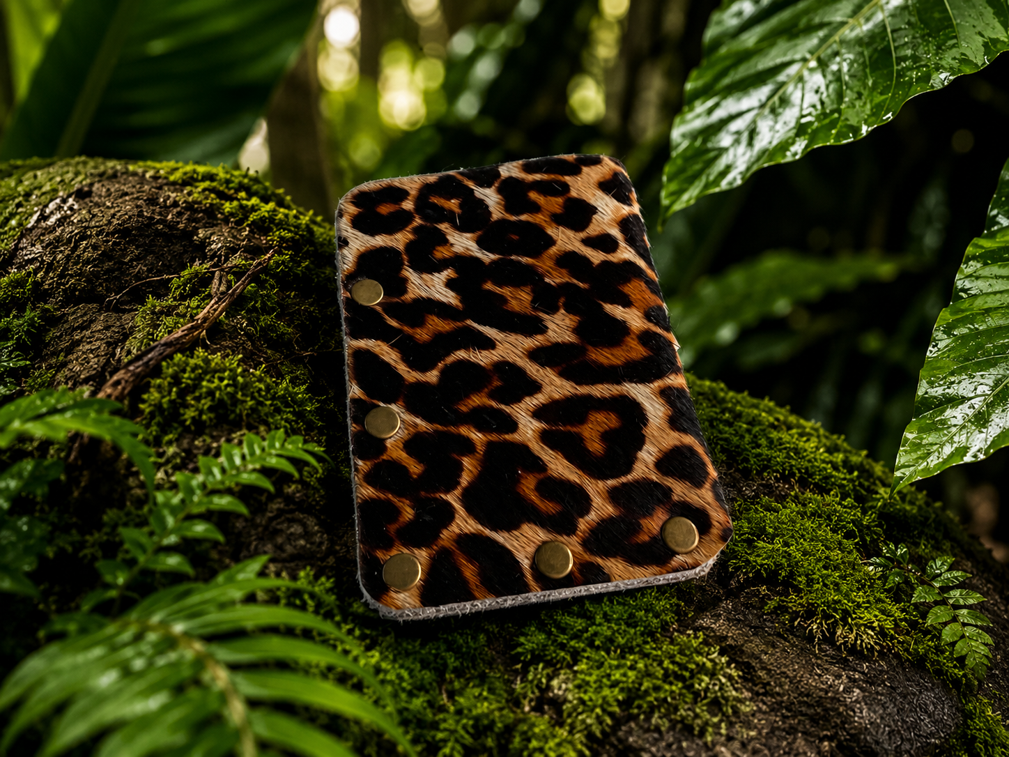 Minimalist Card Holder – Cheetah Print Cowhide with Snap Closures