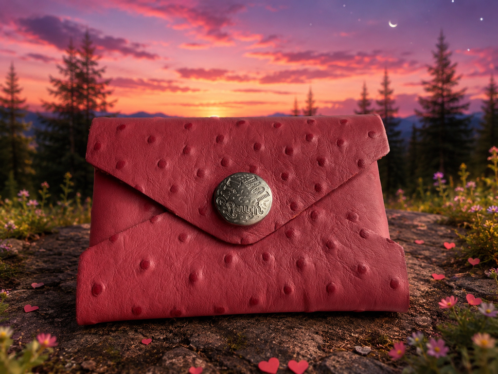 Envelope Card Case – Pink Ostrich-Print Leather with “Love, Laugh & Live” Snap