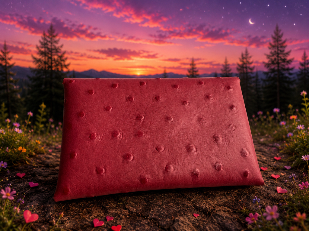 Envelope Card Case – Pink Ostrich-Print Leather with “Love, Laugh & Live” Snap