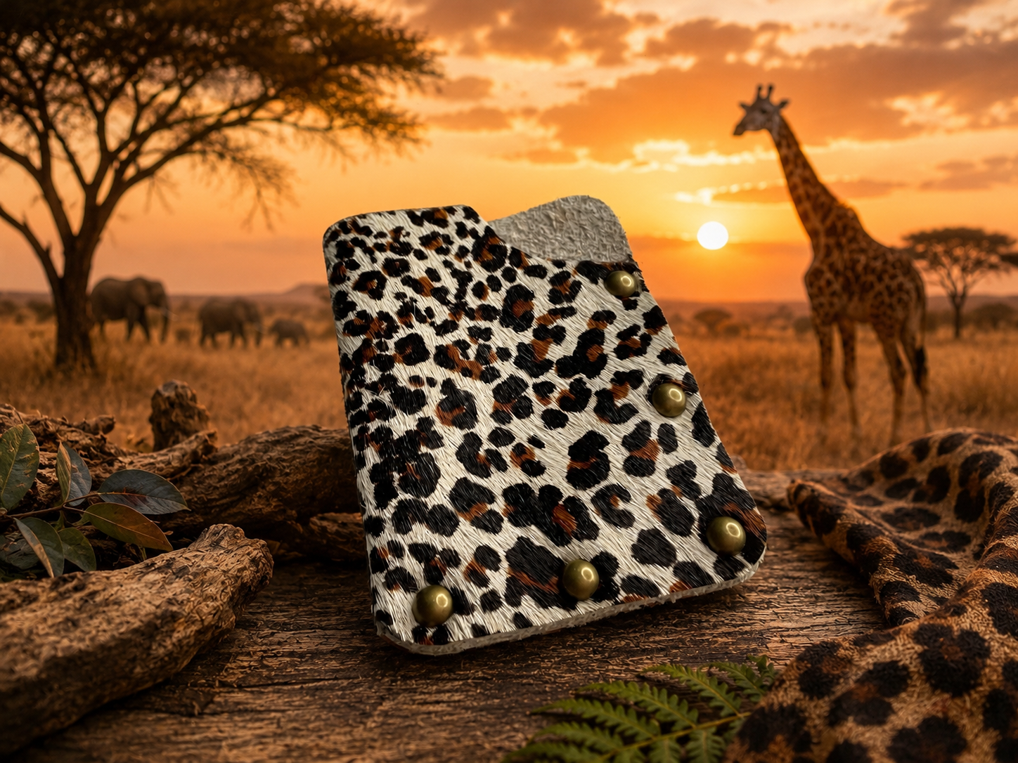 Minimalist Card Holder – Leopard Print Cowhide with Gold Flat Cap Snaps
