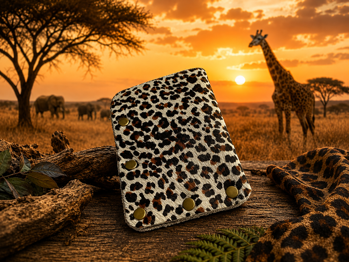 Minimalist Card Holder – Leopard Print Cowhide with Antique Dome Snaps