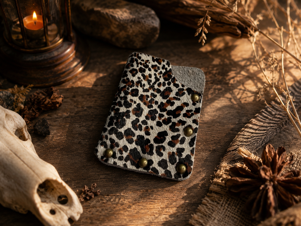 Minimalist Card Holder – Leopard Print Cowhide with Antique Dome Snaps