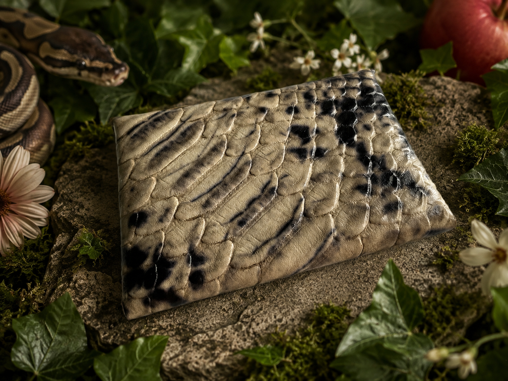 Envelope Card Case – Natural Snake-Print Leather with Antique Gold Flat Snap