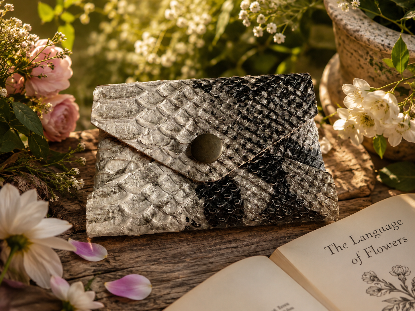 Envelope Card Case – Black & White Snake Print with Antique Flat Button