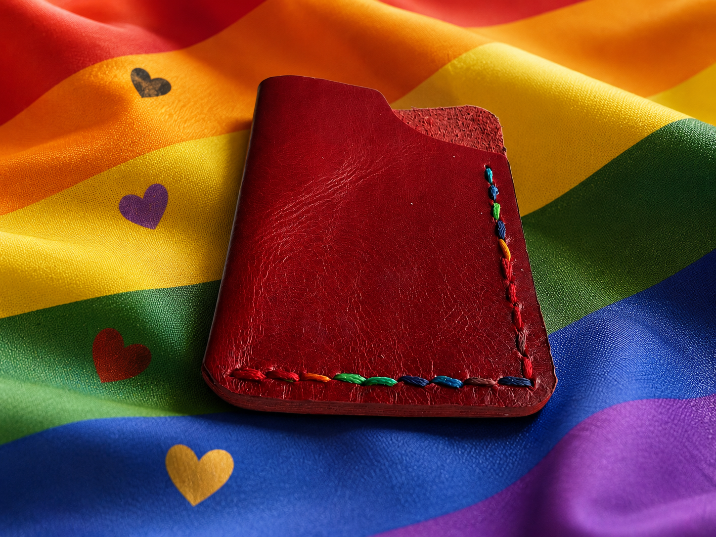 Minimalist Card Case – Red Leather with Rainbow Stitching