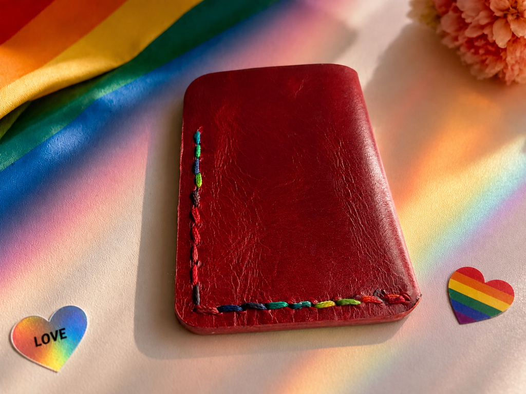 Minimalist Card Case – Red Leather with Rainbow Stitching