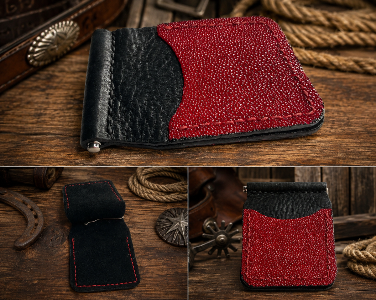 Money Clip – Business Card & Cash Holder – Red Stingray Leather & Cowhide Leather