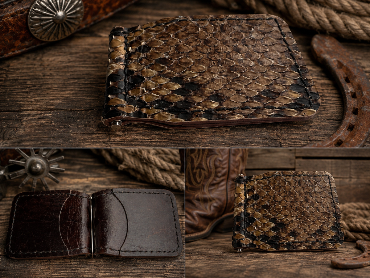 Money Clip – Business Card & Cash Holder – Natural Rattlesnake Leather